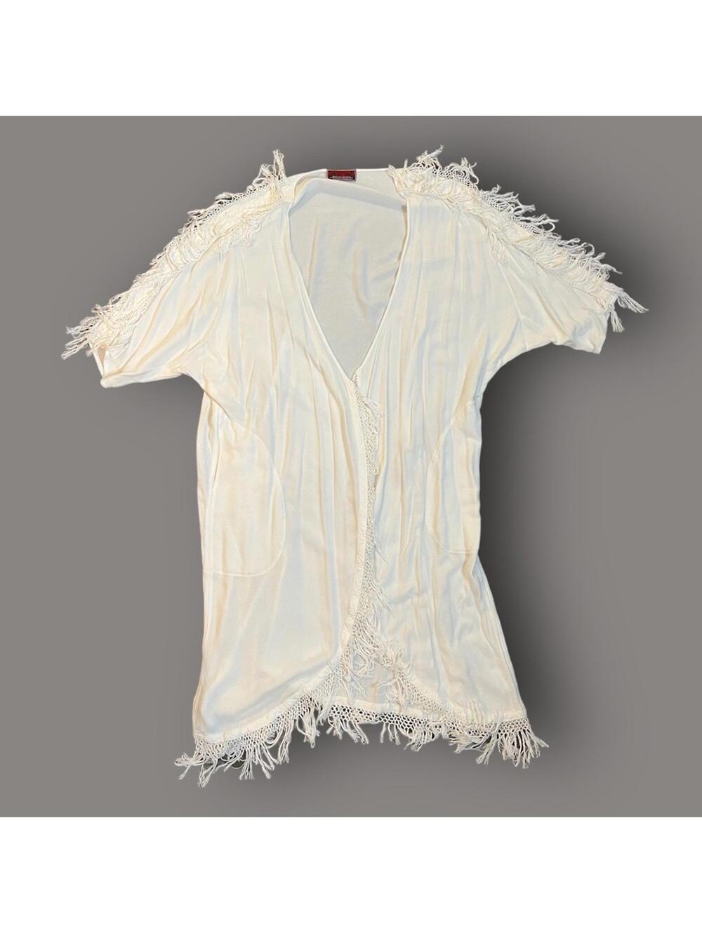 Tienda Ho Moroccan Fringe Cotton Long Kimono Robe Jacket - White